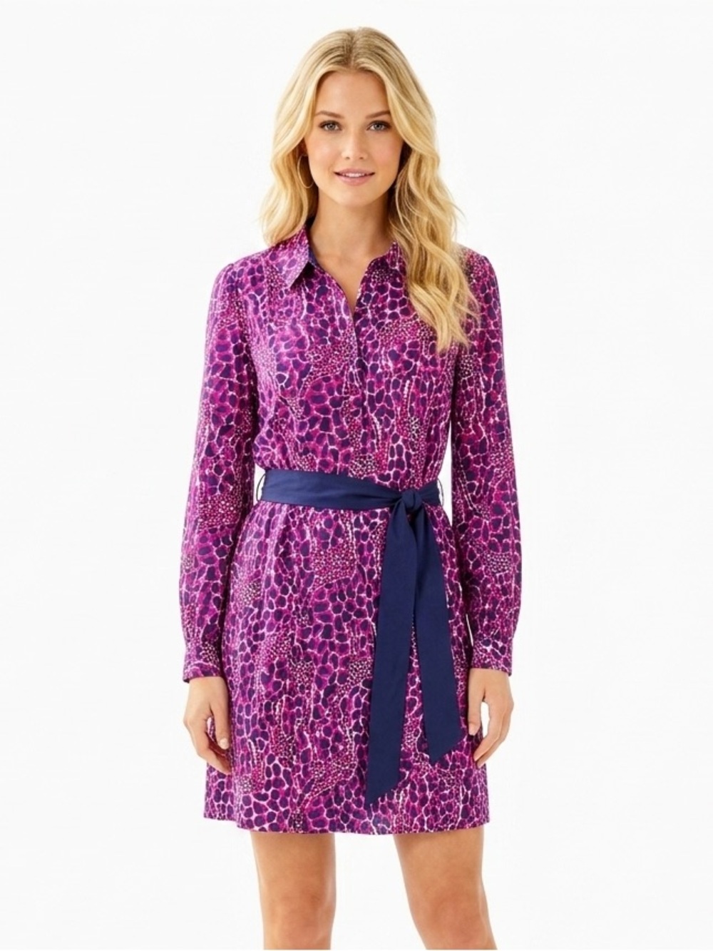 Lilly Pulitzer Christy Giraffe Print Shirtdress Hollyhock Pink Navy Belted 12